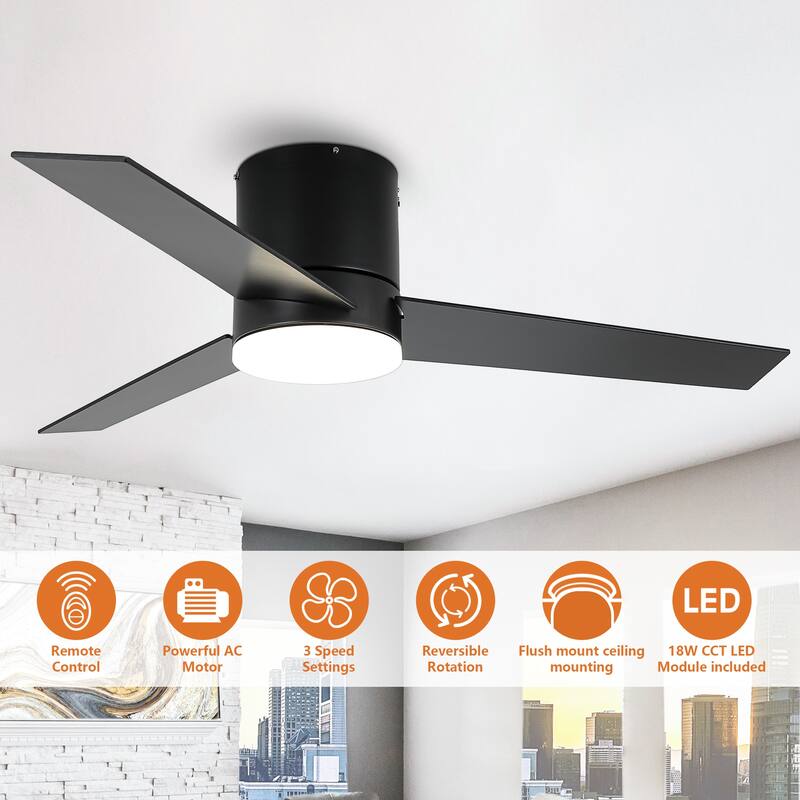 48" Matte Black Dimmable LED Flush Mount Ceiling Fan with Remote