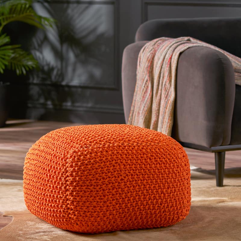 Roomfitters Handwoven Square Pouf Ottoman, Textured Cotton Knit Floor Cushion, Cozy Footrest or Seat