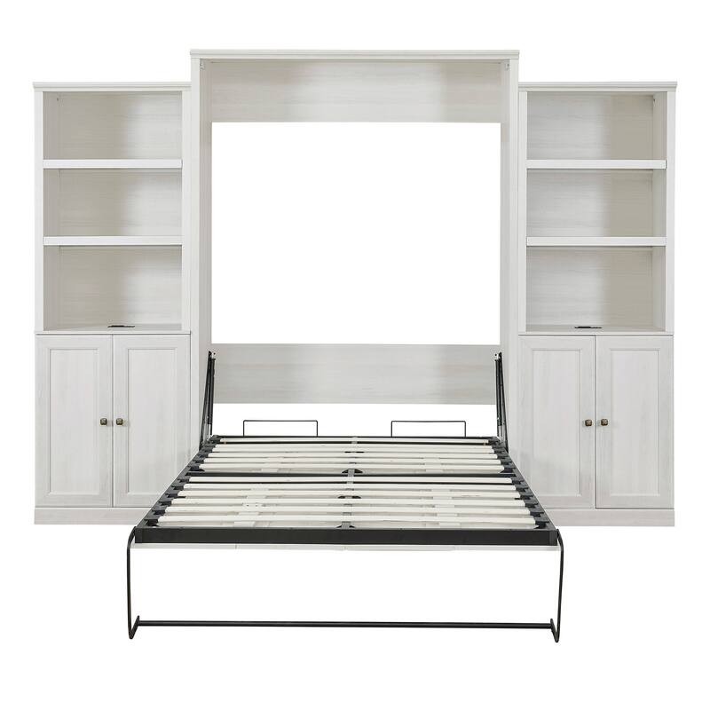 Half Self-Close and Open Murphy Bed with 2 Side Cabinet Storage Shelf