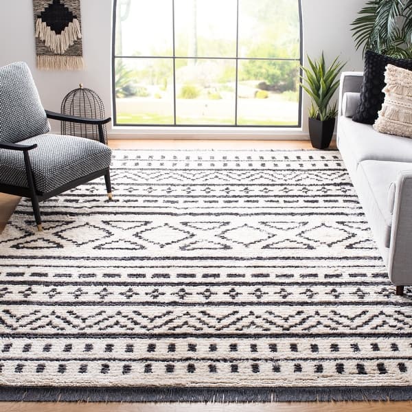 Black Safavieh Burko Collection BUR226A Moroccan Boho Fringe Runner 2'2 x 9' Ivory Black Safavieh Burko Collection BUR226A Moroccan Boho Fringe Runner 2'2 x 9' Ivory