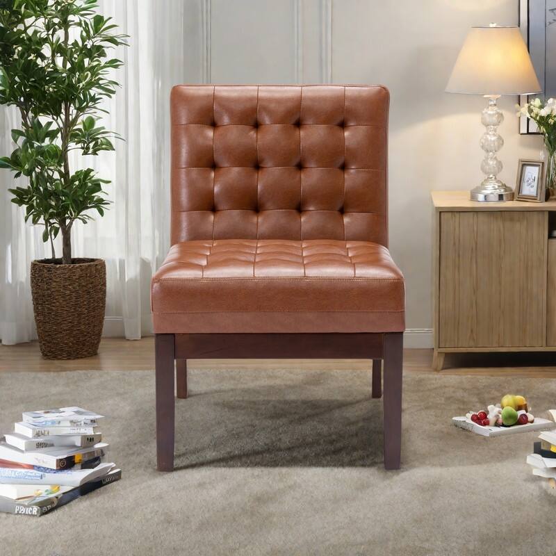 PU Upholstered Accent Chair with Waffle Stitching and Rubberwood Legs - Light Brown