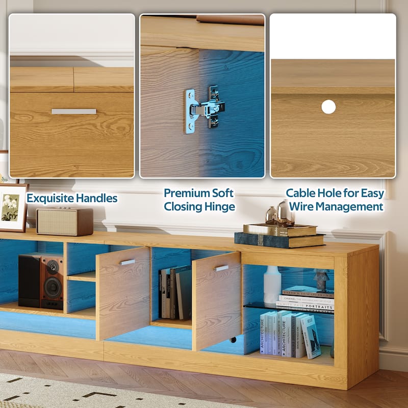 Floor LED TV Stand with Cabinets for 90 Inch TVs, Wood TV Console with Open Storage Shelf, Entertainment Center for Living Room