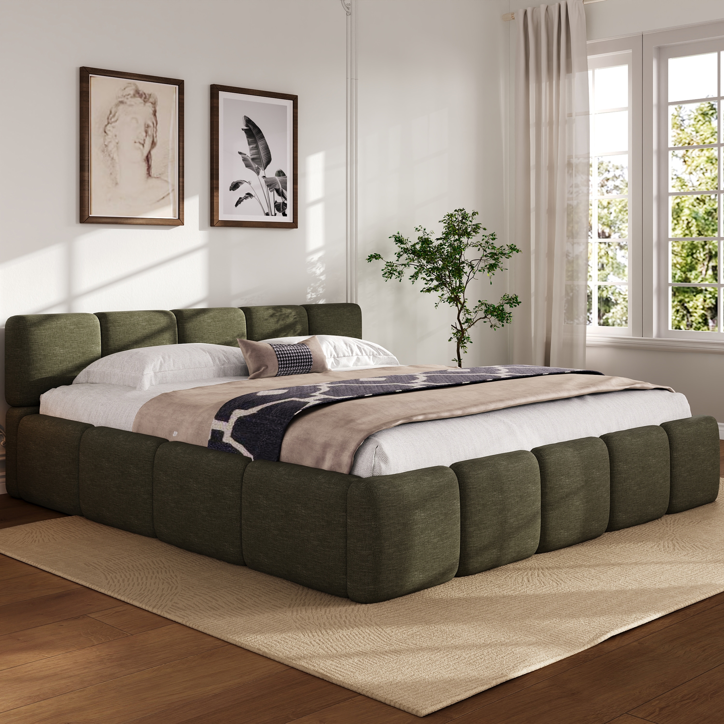 King/Queen/Cal King Platform Bed with Boucle Headboard & Footboard, Upholstered Grounded Frame