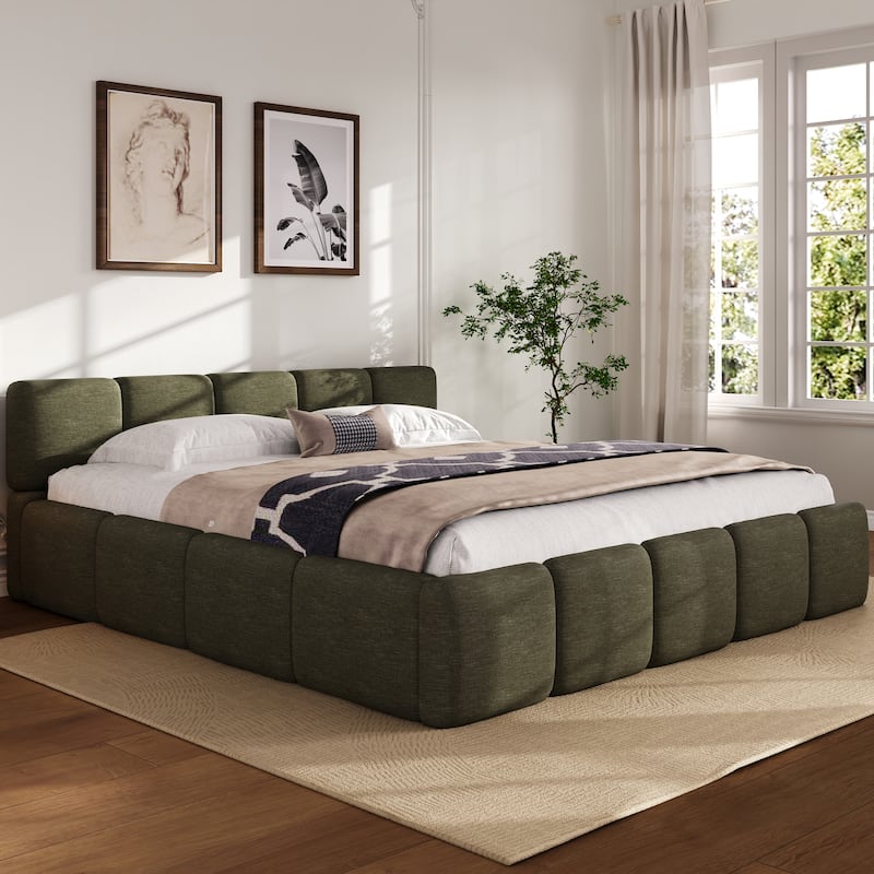 Modern Upholstered Bed Frame Block Style Grounded Bed with Thick Headboard, Lowprofile Wingback Bed Floor Bed Platform Bed Frame - Green - King