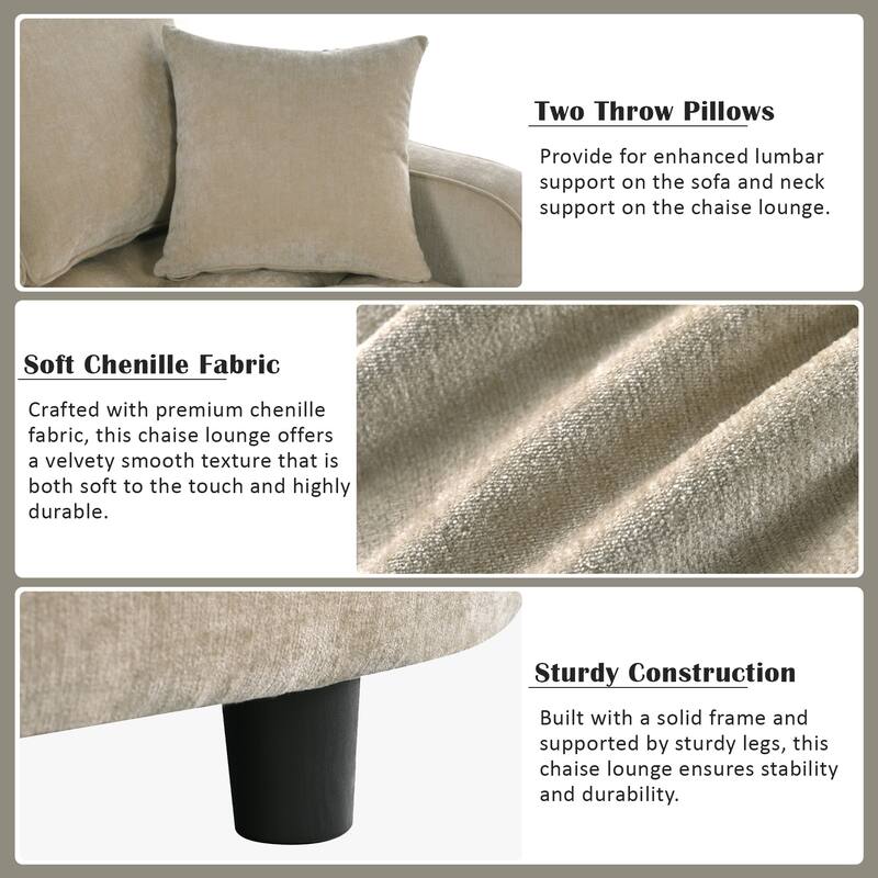 55" Champagne Chenille Chaise Lounge Sofa Bed with Tufted Seat and Detachable Pillows