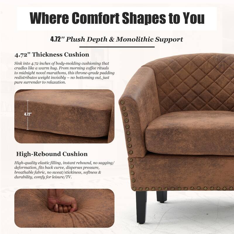 HOMEFUN Leather Upholstered Nailhead Wooden Frame Barrel Club Chair with Solid Woood Legs