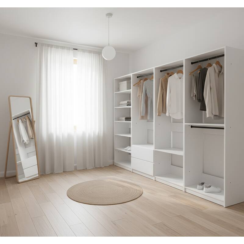 Prosper White Freestanding Walk in Wood Closet System - 125.6"W x 15.7"D x 83" H