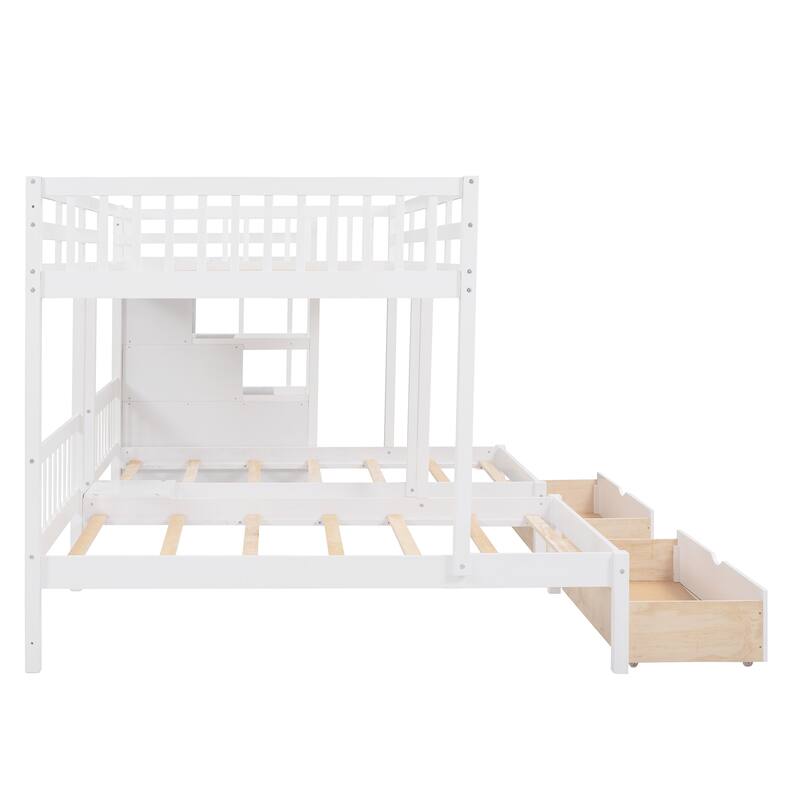 White Wood Triple Bunk Bed with Drawers - Full Over Twin & Twin, Space-Saving Design