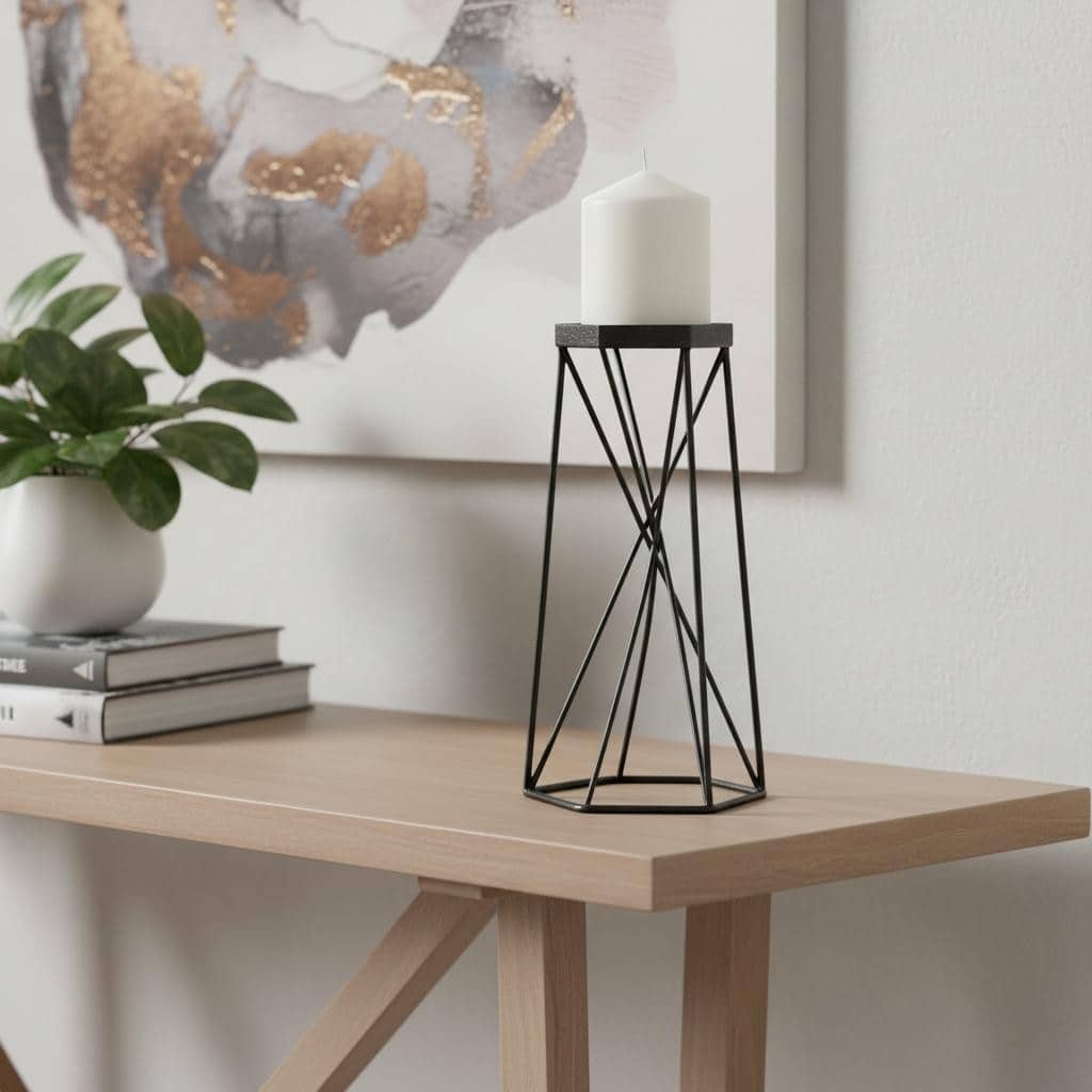 11" Black Distressed Geometric Metal Tabletop Pillar Candle Holder