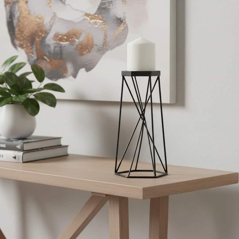 11" Black Distressed Geometric Metal Tabletop Pillar Candle Holder - Black