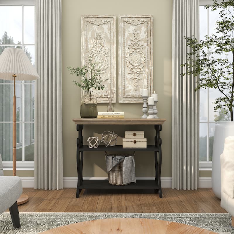 White Wood Scroll Side Frames 2 Shelf Console Table with Brown Wood Top - White or Black