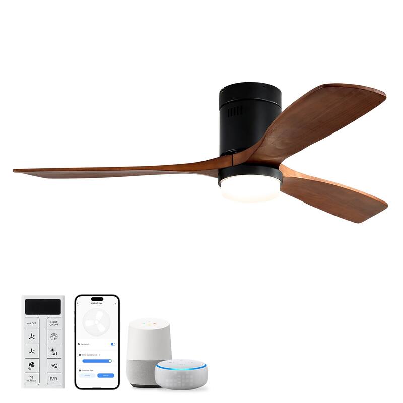 Sofucor 52"Solid Wood Modern,Farmhouse Indoor Ceiling Fan Chandelier with Remote,Adjustable light,Smart Optional - Smart(APP+Voice+Remote Control) - Black with Walnut Blades
