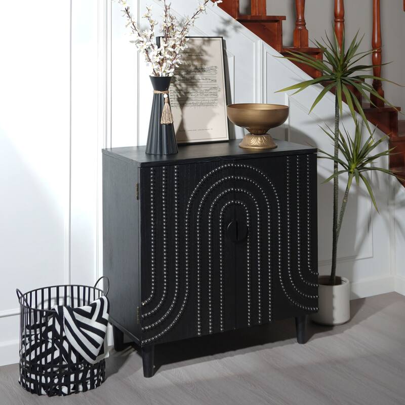 Roomfitters Modern Black Accent Cabinet with 2 Doors, Decorative Embossed Bead Design