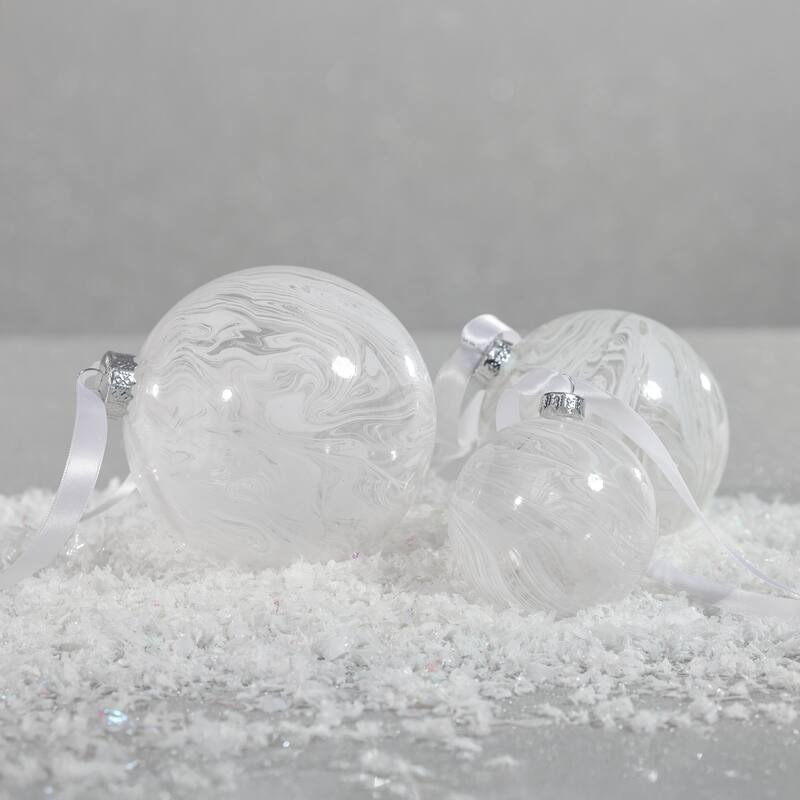 White Watercolor Glass Ball Christmas Ornaments, Set of 6, 4"
