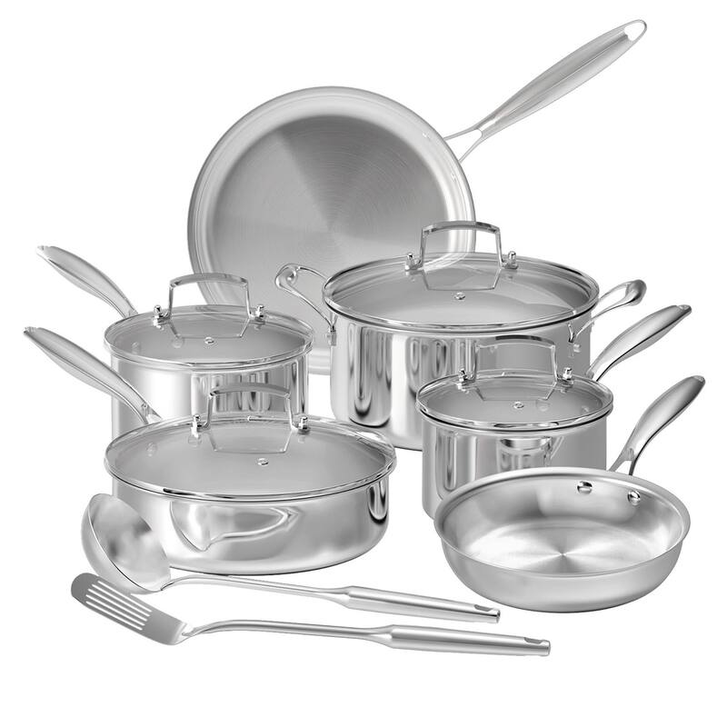 12-Piece Tri-Ply Stainless Steel Cookware Set with Premium Magnetic Stainless Exterior, Aluminum Core for Even Heat Distribution - 12 Piece