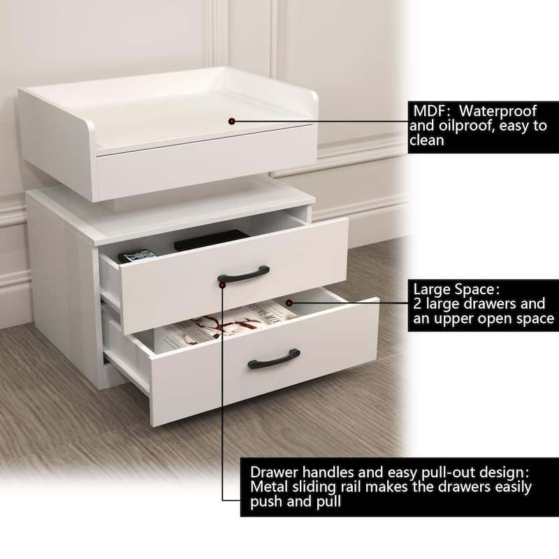 Anmytek Modern White Nightstand with Charging Station LED Lights and 2 Drawers Waterproof Bedside Table