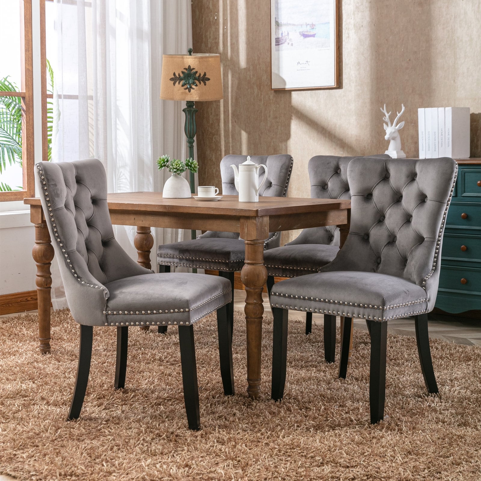Velvet Dining Chair Side Chair, Nailhead Trim Accent Chair, Set of 2