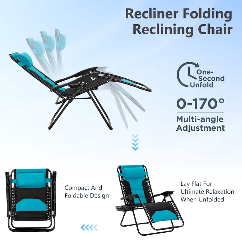 MAISON ARTS 2 XL Zero Gravity Recliners Padded Folding Lounge Chairs with Cup Holder - Aqua Blue