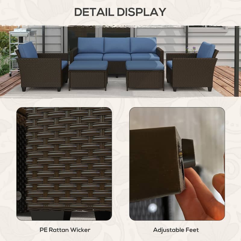 Outsunny 5 Piece Patio Furniture Set with Cushions, Outdoor Conversation Set with Rattan Three-Seater Sofa, Chairs & Footstools