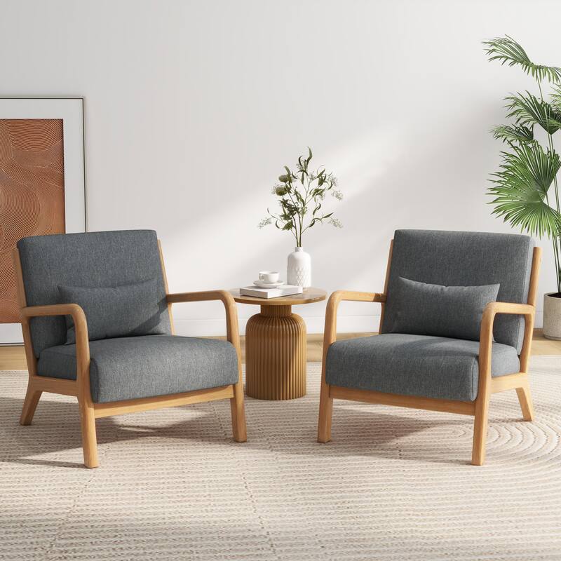 2 Set Mid Century ModernUpholstered Accent Chairs Armchair with Pillow - Natural Wood - Gray & Linen & Side Frame