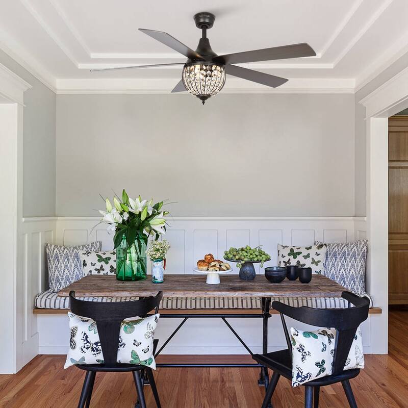 52" Industrial Black Wood 5-blade Crystal Ceiling Fan with Remote