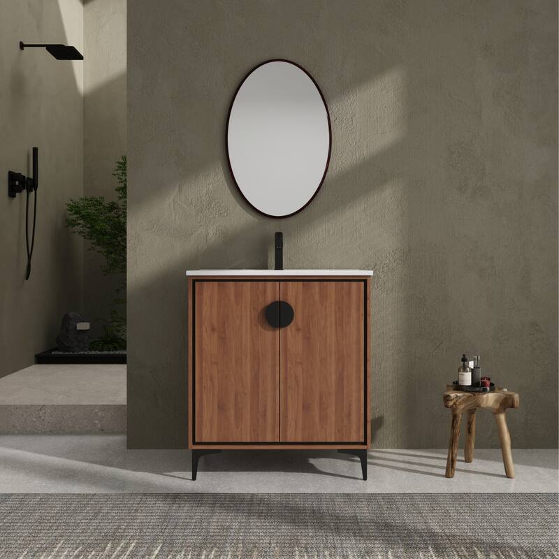 GDFStudio - Levistar Modern Freestanding Bathroom Vanity Cabinet with Ceramic Sink, Soft Close Doors & Metal Tripod - 30"