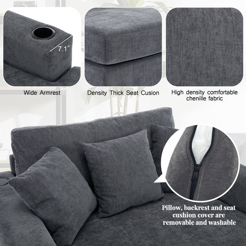Chenille Fabric Chaise Lounges Couch with Pillows Charge Station and Cup Holders Lounge Chair Oversized Single Sofa Accent Chair