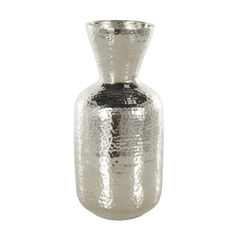 Silver Aluminum Metal Hammered Decorative Vase with Cone Shaped Opening