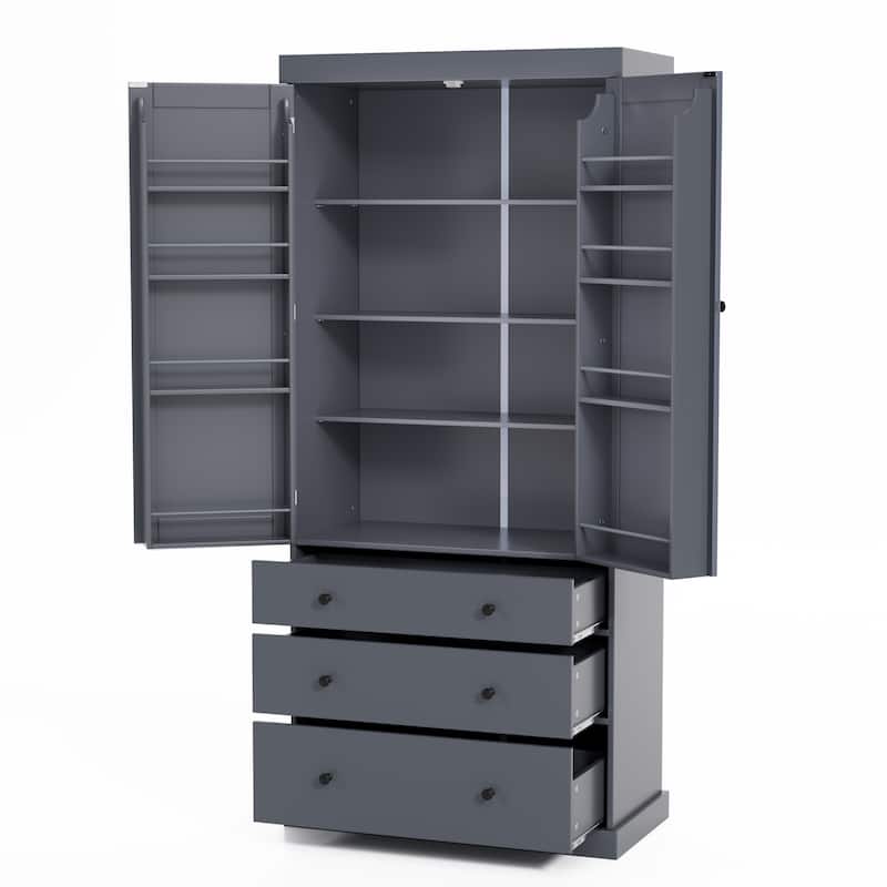 77" Farmhouse Kitchen Pantry, Freestanding Tall Cupboard Storage Cabinet with 3 Adjustable Shelves, 8 Door Shelves, 3 Drawers