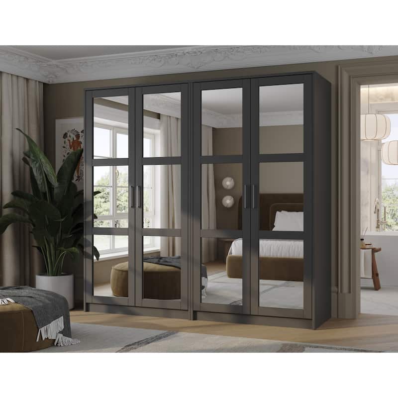 Palace Imports 100% Solid Wood 4-Door Urban Wardrobe Armoire with Mirrored Doors - Gray