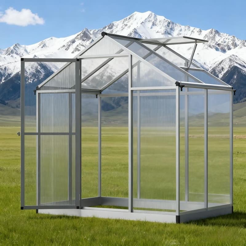 GDFStudio - Outdoor 4'x6' Aluminum Frame Walk-in Winter Greenhouse with Vent & Rain Gutters - Silver