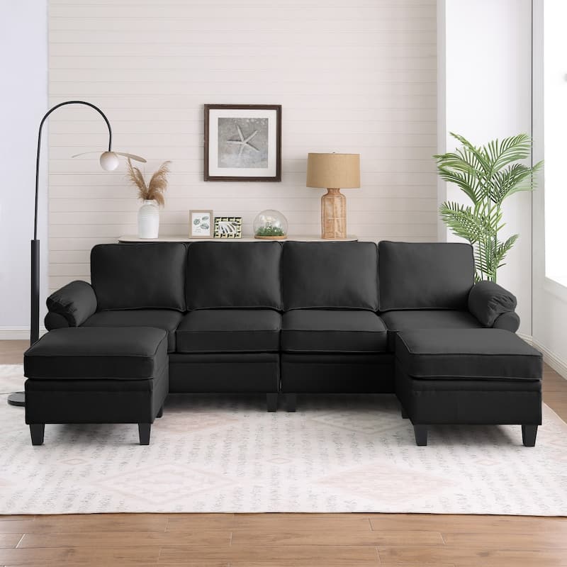 102" U-Shaped Linen Fabric Sectional Sofa with Ottomans - Black