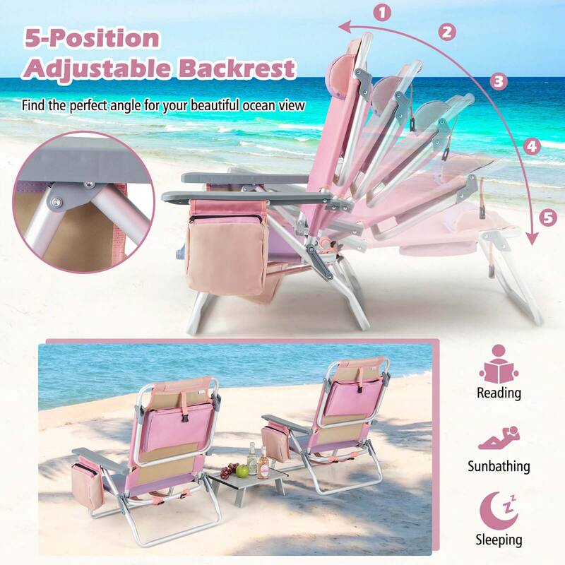 Set of 2 Backpack Beach Chair 5-Position Lay Flat Beach Chairs
