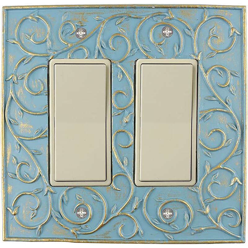 Meriville French Scroll 2 Rocker Wallplate, Double Switch Electrical Cover Plate - Cameo Blue With Gold