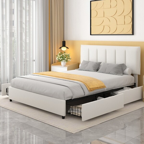 White Bed Frame with 4 Storage Drawers, Upholstered Platform White Bed Frame with 4 Storage Drawers, Upholstered Platform