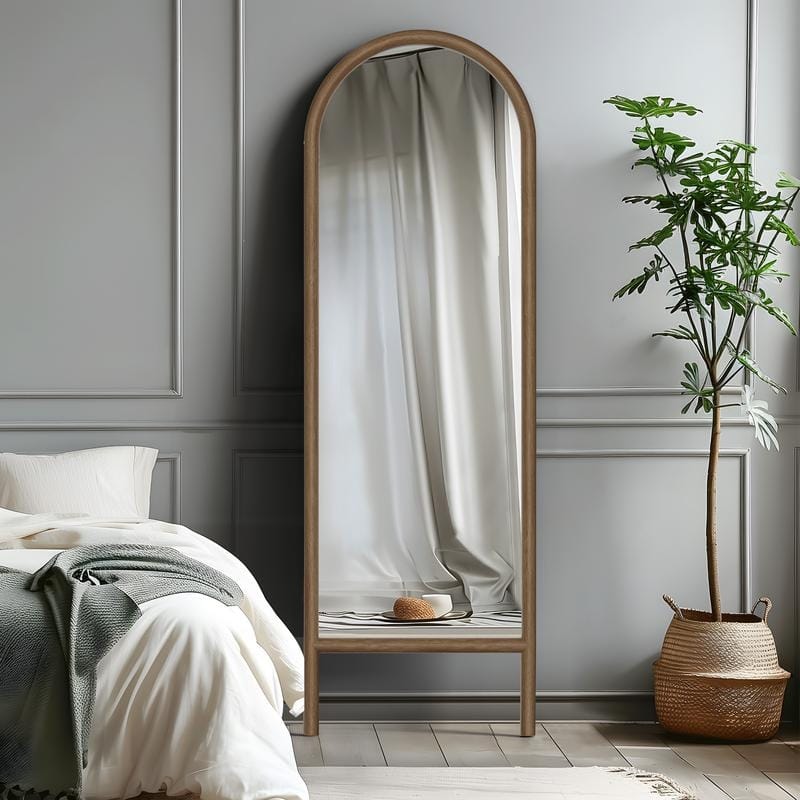 Ladder-Style Arched Solid Wood Framed Full Length Leaning Mirror