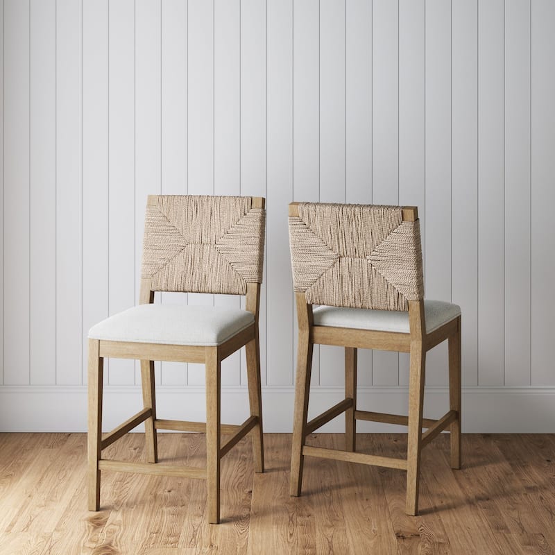 Beacon Bohemian Boucle Bar Stool, Upholstered Counter Height Chair with Solid Wood Frame and Woven Seagrass Back
