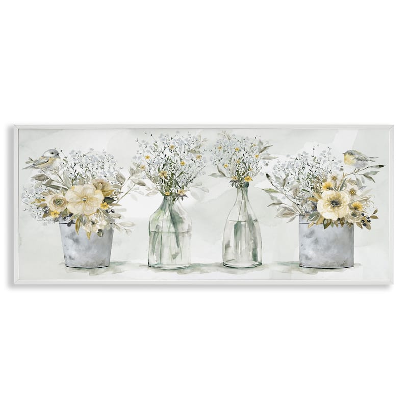 Stupell Farmhouse Floral Bouquets Song Birds Rustic Vases Framed Wall Art - Yellow