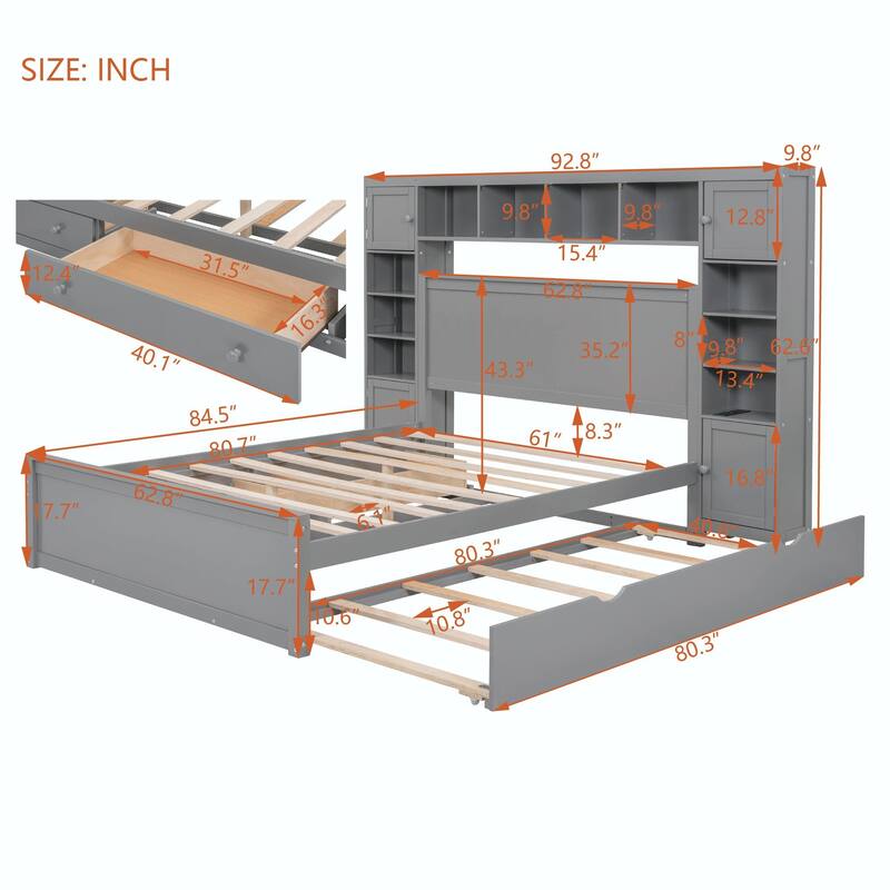 Wooden Bed with Built-in Cabinet, Shelf, and Sockets
