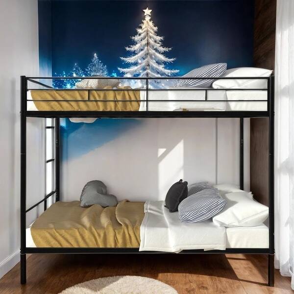 slide 2 of 9, Industrial Modern Low-Profile Design Twin over Twin Bunk Bed, Convertible Bed with Ladder, Black Black