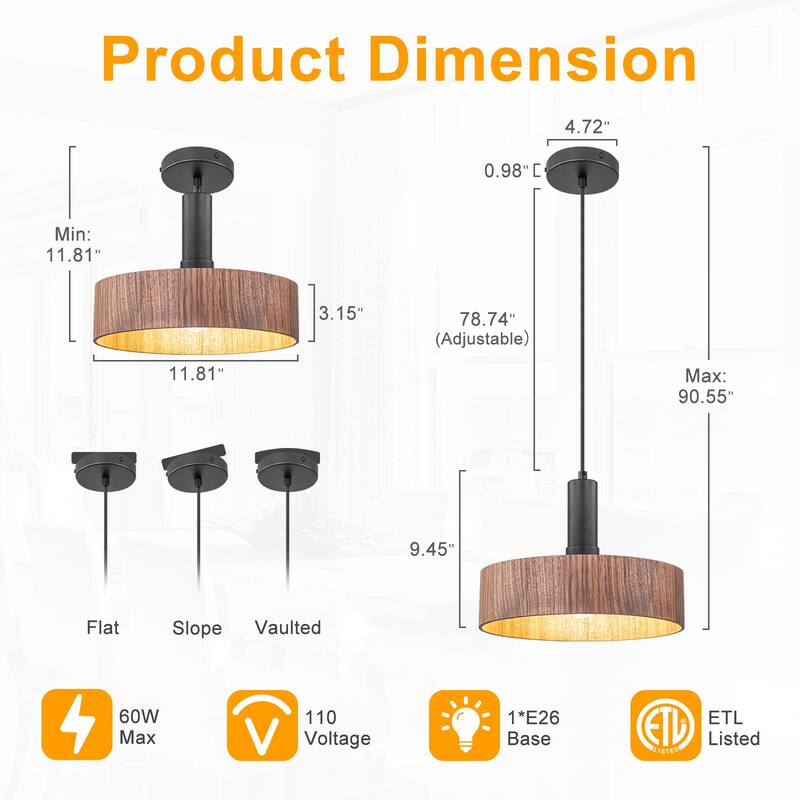 Modern Matte Black Pendant Light with Wood Shade Kitchen Fixture - Dia.12-in