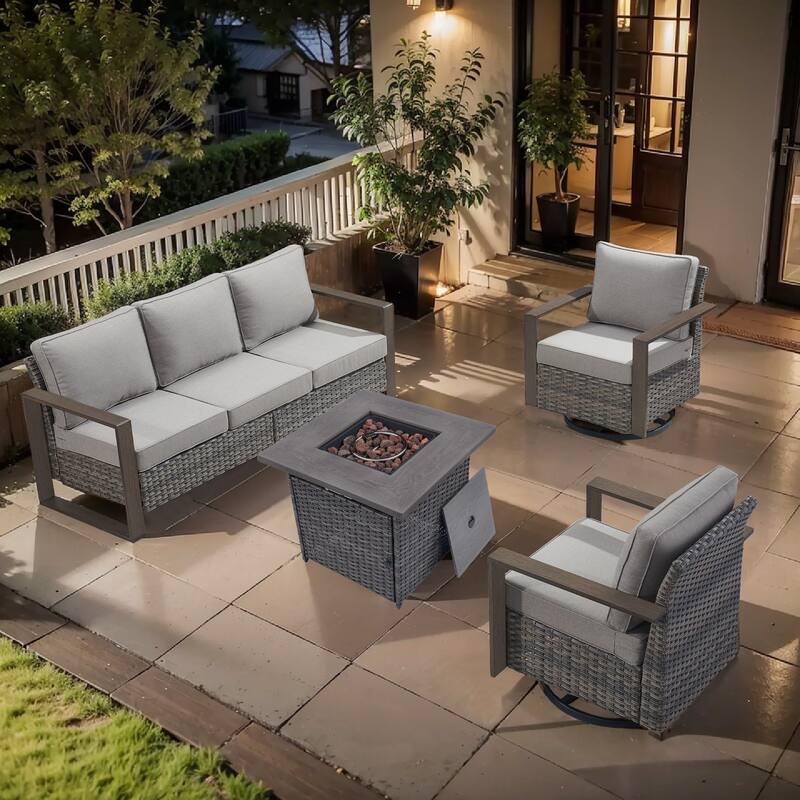 Pocassy Outdoor Fire Pit Conversation Set 3-Seat Sofa Chairs Patio Furniture Set - Grey Wicker Gray Cushion - 4-Piece Sofa Swivel Chair with Fire Table