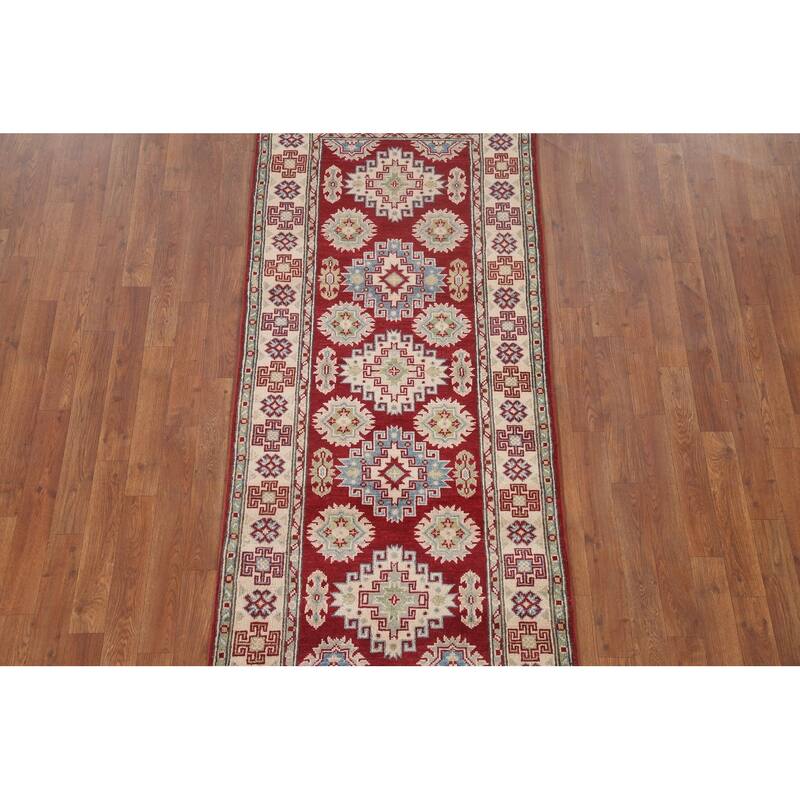 Hand Knotted Oriental 100% Wool Carpet Traditional Geometric Red Kazak Runner Rug - 6' 8'' X 2' 10''