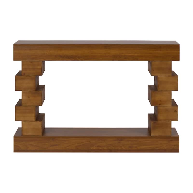 Geometric Block Stacked Wood Console Table with Warm Natural Finish