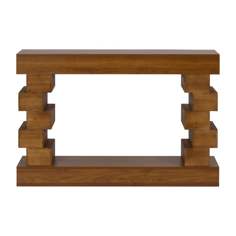 Wood Console Table, 47.24" Long Boho Sofa Table Behind Couch Geometric Block Stacked Table, Narrow Sofa Table for Living Room