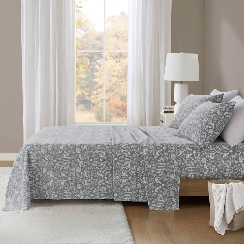 Madison Park Cozy Cotton Flannel Printed Sheet Set - Queen - Sage Winter Fauna
