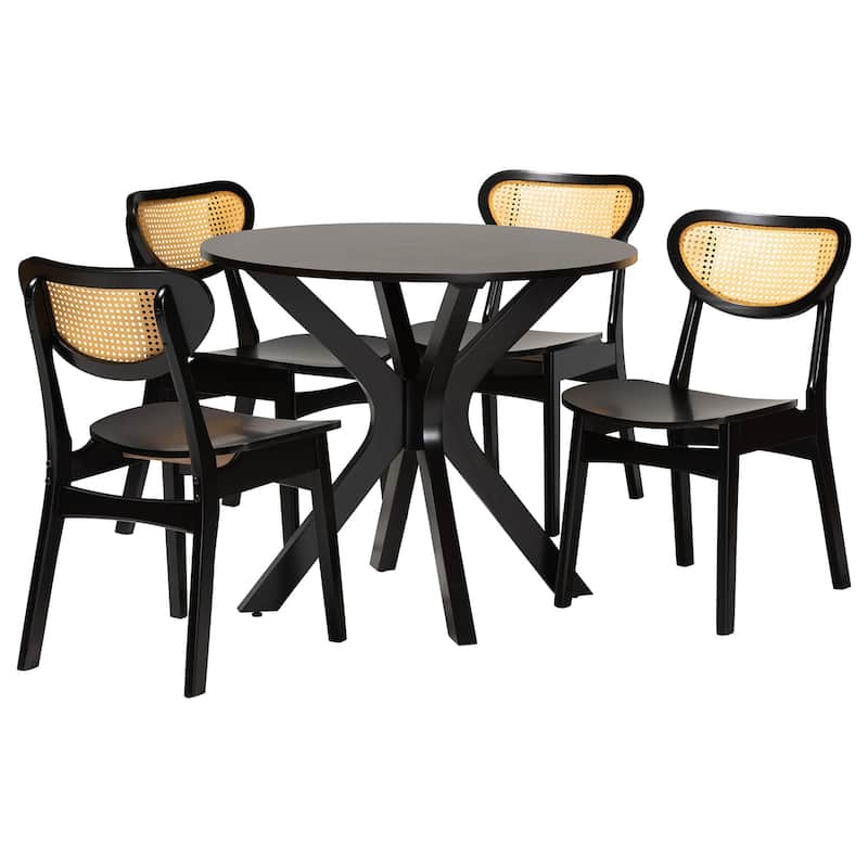 Giuliana Mid-Century Wood and Woven Rattan 5-Piece Dining Set