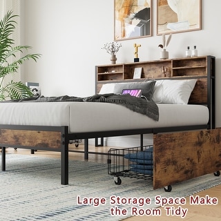Queen Bed Frame with Storage Headboard and 4 Drawers - Brown - Bed Bath ...