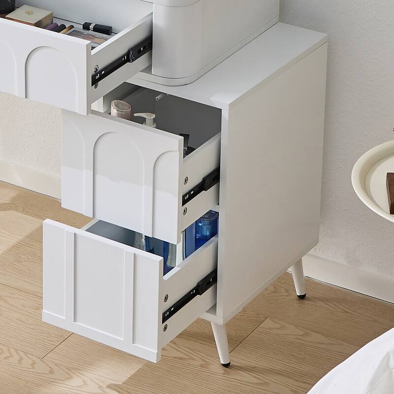 Modern Makeup Vanity Desk with LED Lights & Mirror, Extendable Dressing Table Set with Stool, 4 Drawer & Side Cabinet