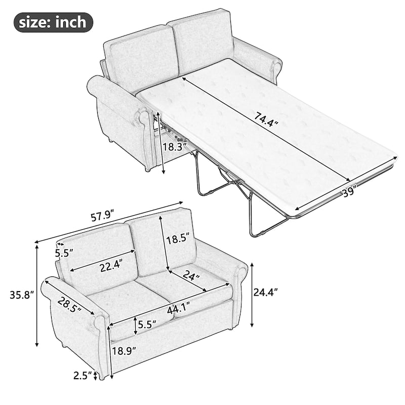 Pull Out Loveseat Sofa Convertible Sleeper Love Seat Bed with Mattress and 2 USB Ports Tufted Couch Round 2-seat Armchair